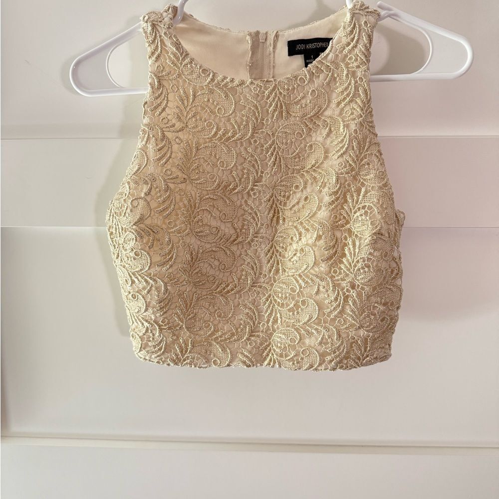Jodi Kristopher Champagne Gold Beige Lace Tank Top zip back